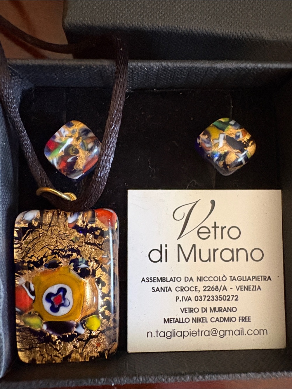 NIB- Murano Gold-Flecked Multicolor Glass Pendant and Stud Earrings Set